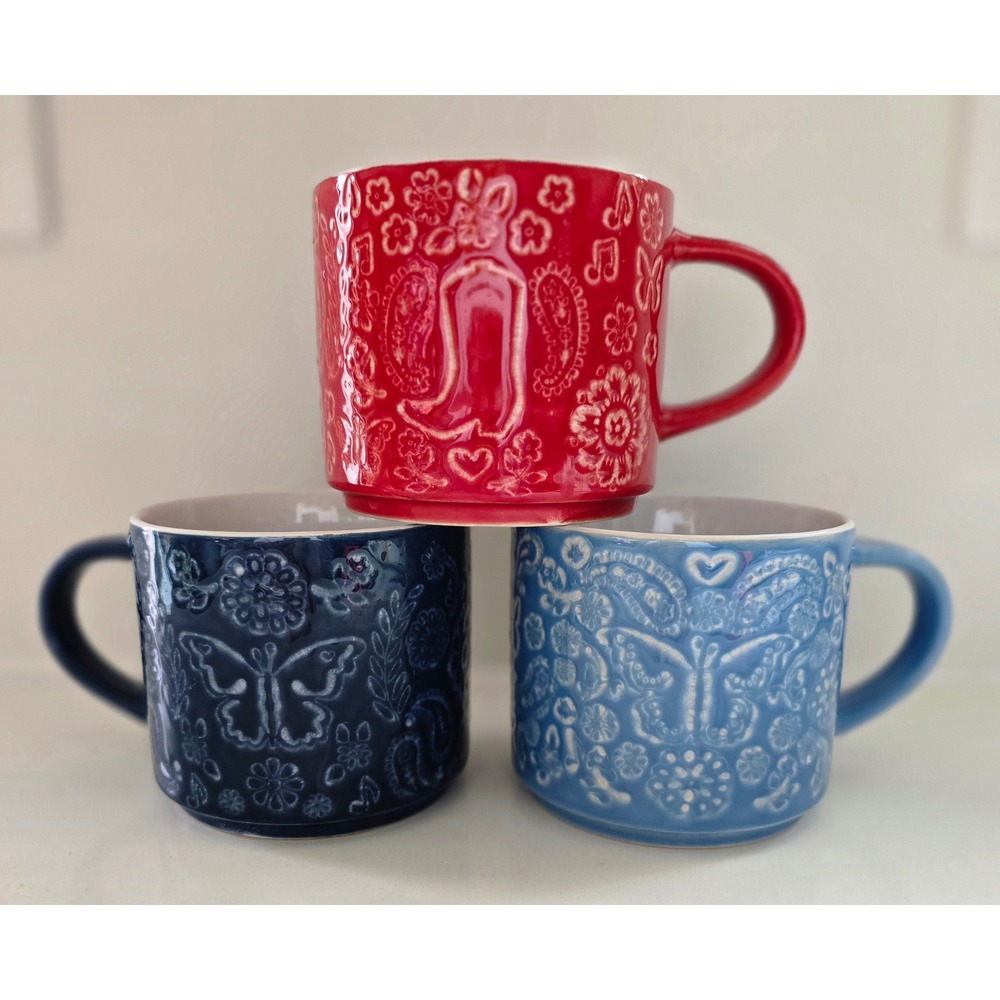 Dolly Parton Stoneware Mug Set of 3 Red Blue Navy Butterfly Cowboy Boot Paisley